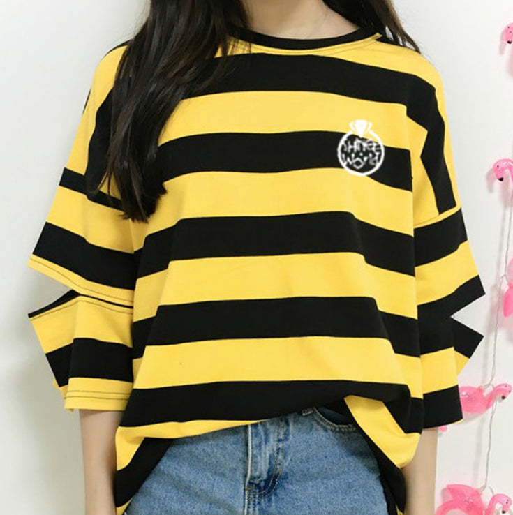 SHINEE FIVE Tour Concert The Same elbow Sleeve a hole stripy girl spring and Summer