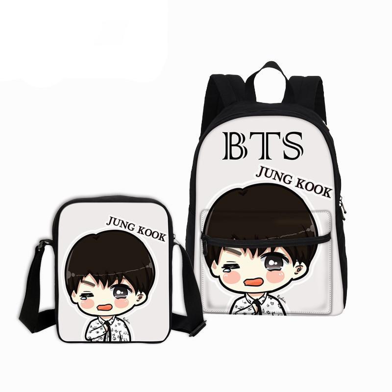 2 PCS/SET BTS School Bag Girls Canvas Backpack Cartoon Shoulder Bags Fashion 3D